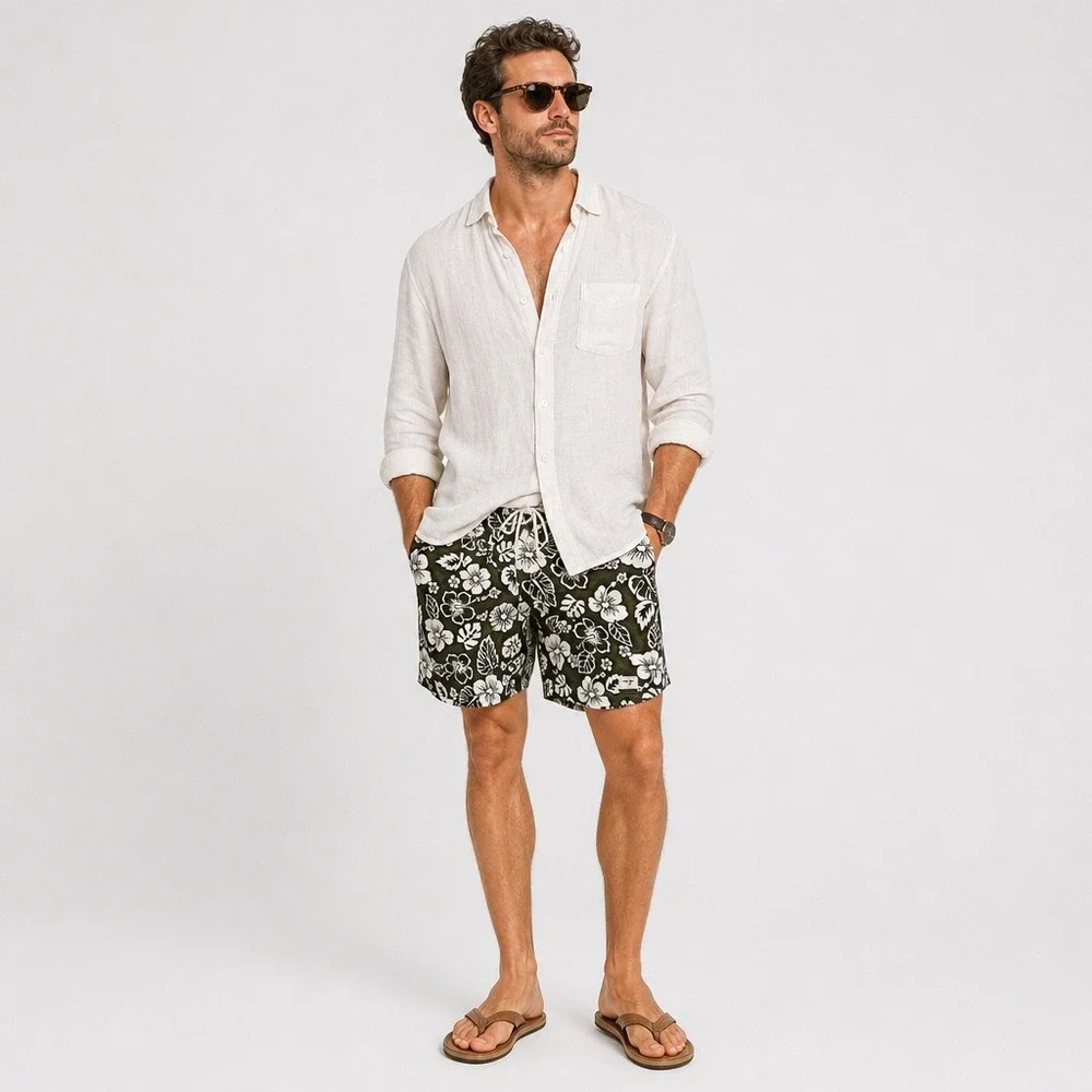 Hard Rock Hotel Las Vegas Mens Board Shorts Green White Hibiscus Floral Swim‎ 34